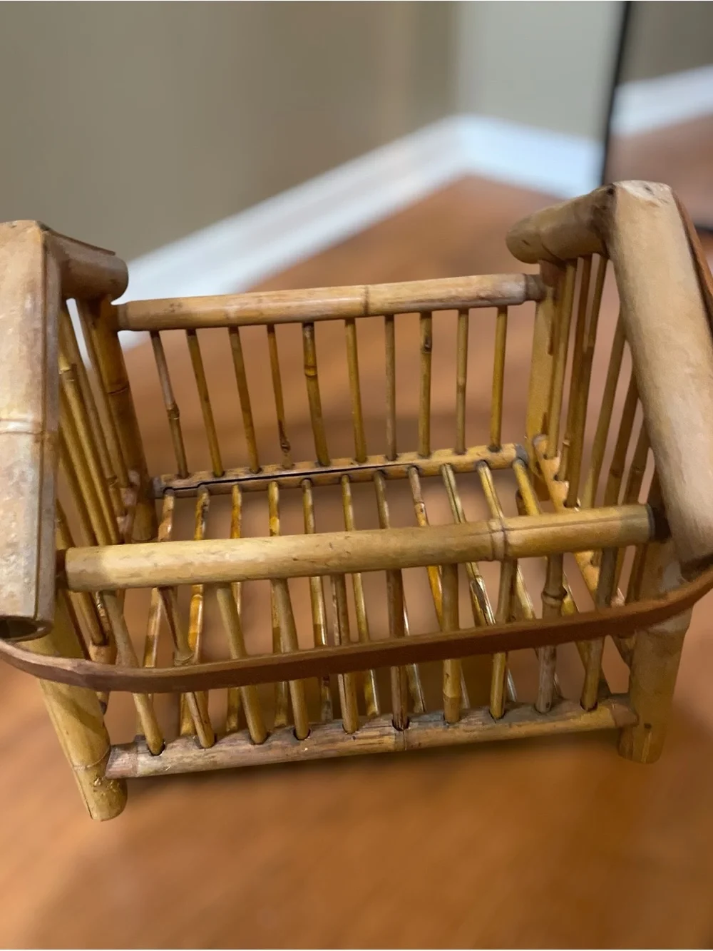 Vintage 60’s Bamboo Square Basket with Handle Magazine Storage Rattan Cane